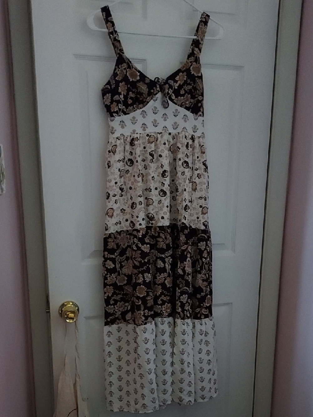 Flowy Brown and Cream Tiered Floral Maxi Dress